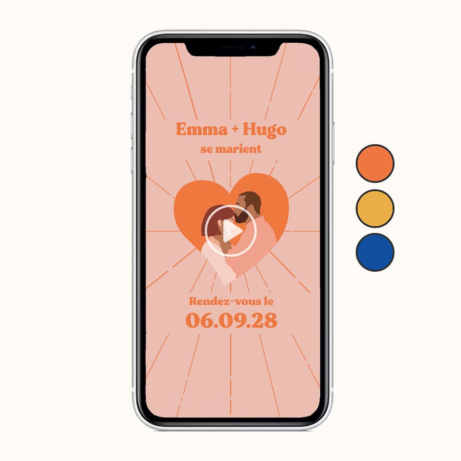 Aperçu du save the date mariage au format vidéo sur le thème coeur coloris orange avec illustration de votre couple