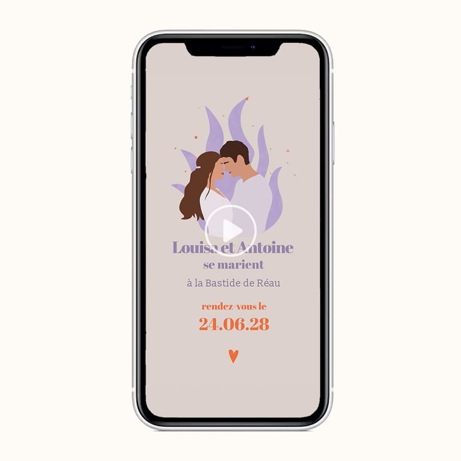 Visuel du save the date vidéo mariage tout feu tout flamme avec la représentation de votre couple