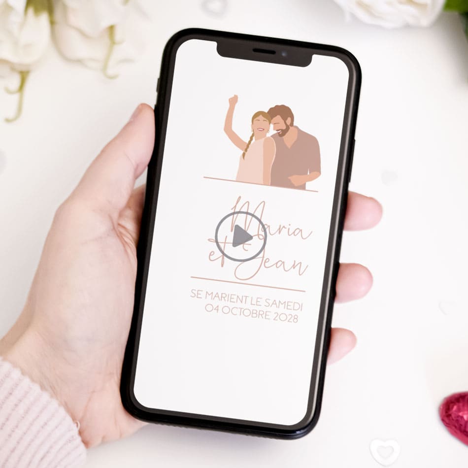 Visuel du save the date vidéo pour votre mariage "Less is more" design épuré avec illustration de votre couple