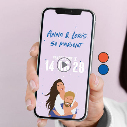 Aperçu du Save the date vidéo pour l'annonce de votre mariage sur le thème Let's parti coloris bleu violet avec illustration de votre couple