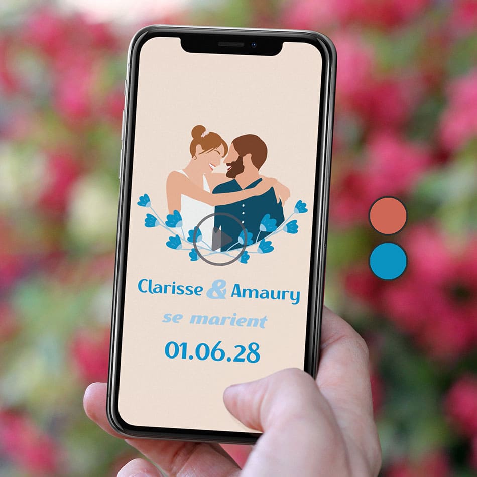 vidéo save the date pour annoncer votre mariage de façon originale et champêtre avec notre thème mariés en fleurs, coloris bleu, avec illustration de votre couple