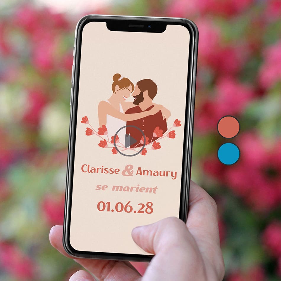 Aperçu de la vidéo save the date pour votre mariage, thème champêtre mariés en fleurs coloris rouge avec illustration de votre couple