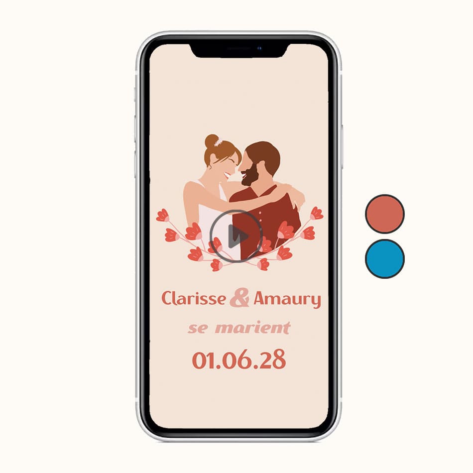 Image du save the date virtuel format vidéo mariés en fleurs avec illustration de votre couple