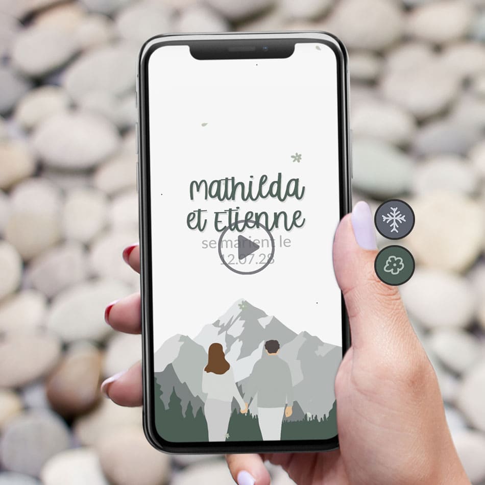 Aperçu de la vidéo save the date pour mariage sur le thème de la montagne en été avec illustration de votre couple