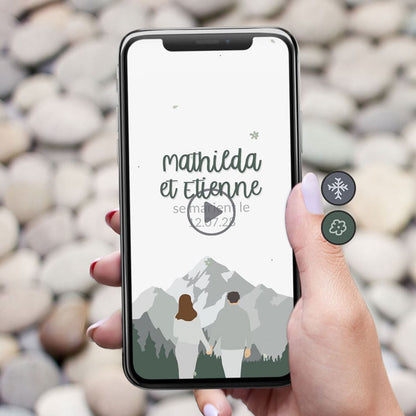 Aperçu de la vidéo save the date pour mariage sur le thème de la montagne en été avec illustration de votre couple