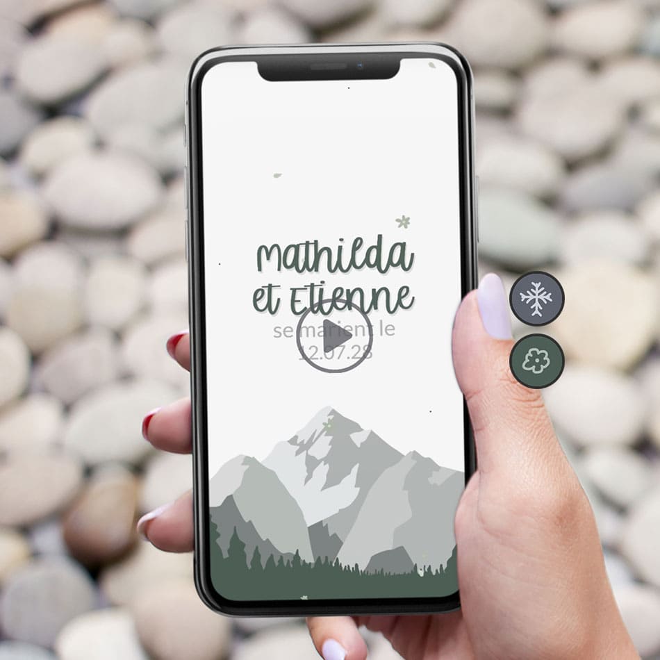 visuel du save the date au format vidéo pour annoncer votre mariage dans le thème de la montagne en été