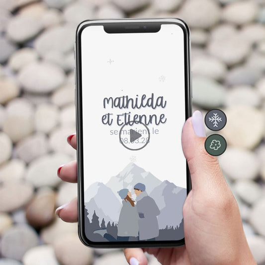 visuel du save the date mariage vidéo sur le thème montagne hiver avec illustration du couple