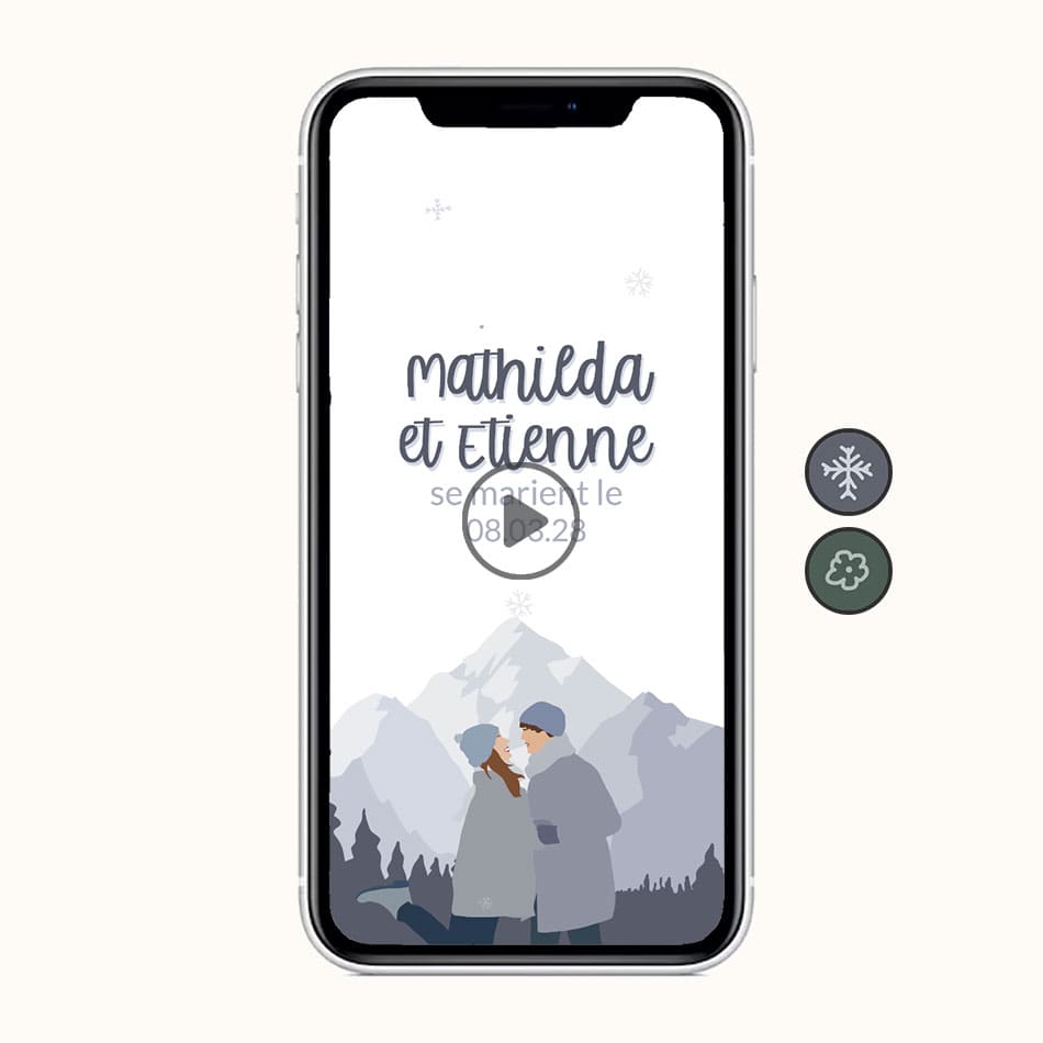 visuel du save the date mariage virtuel sur le thème montagne hiver avec illustration du couple