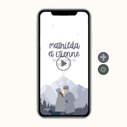 visuel du save the date mariage virtuel sur le thème montagne hiver avec illustration du couple