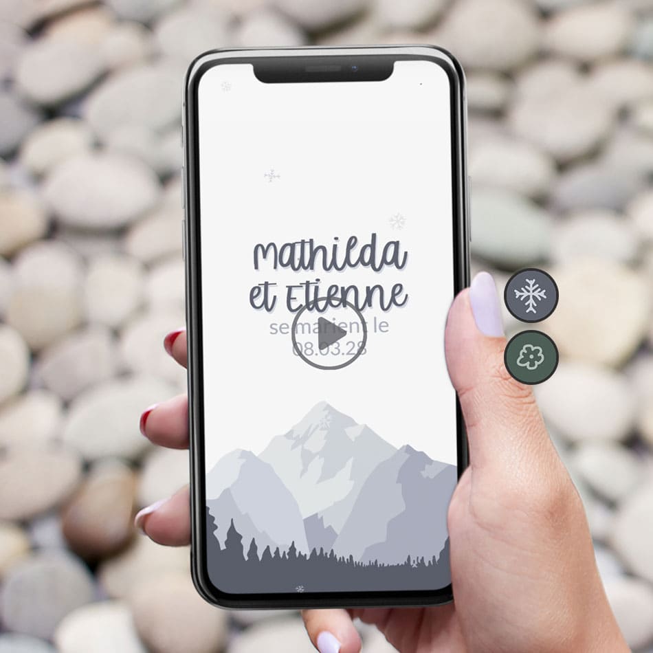 photo du save the date vidéo pour votre mariage sur le thème de la montagne en hiver