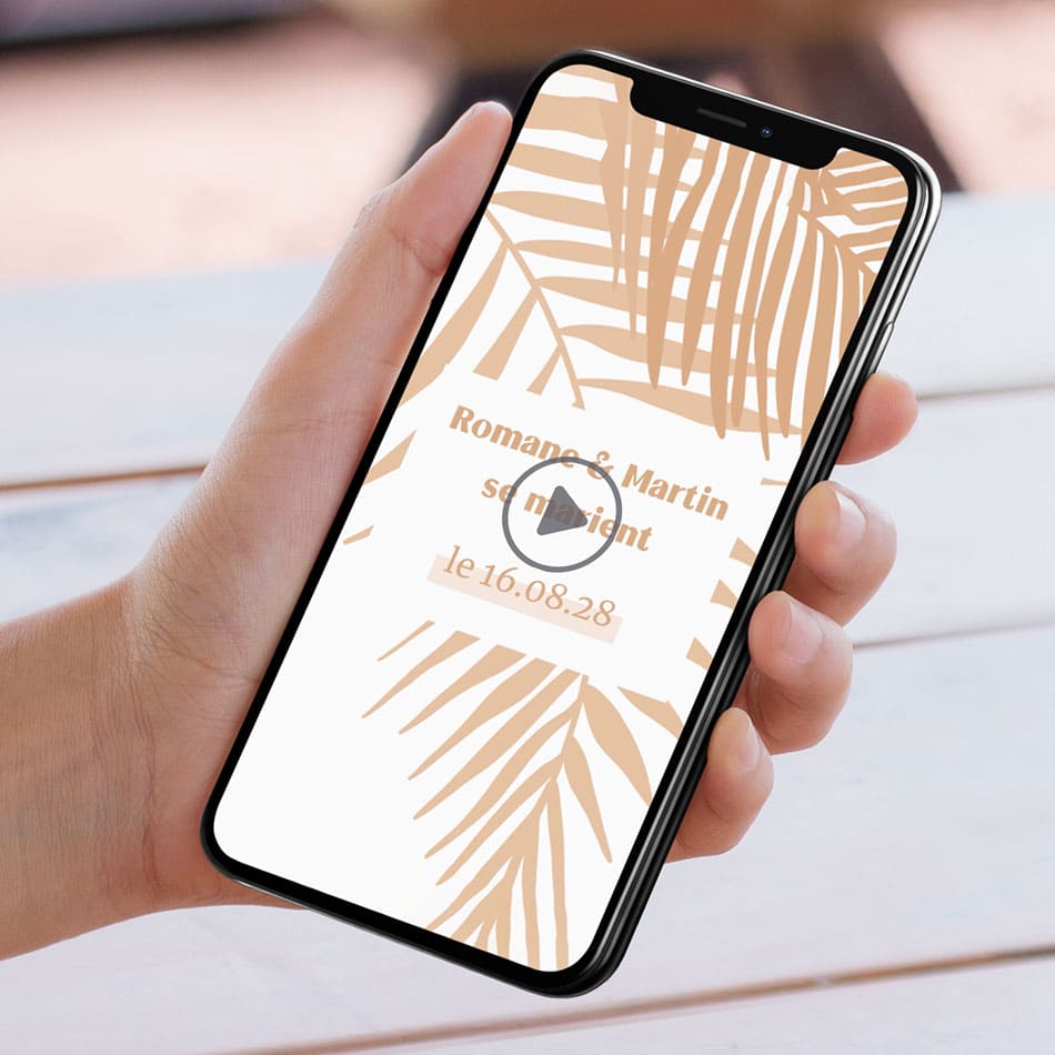 Aperçu du save the date digital animé pour annoncer la belle nouvelle, sur le thème "Oasis d'amour"