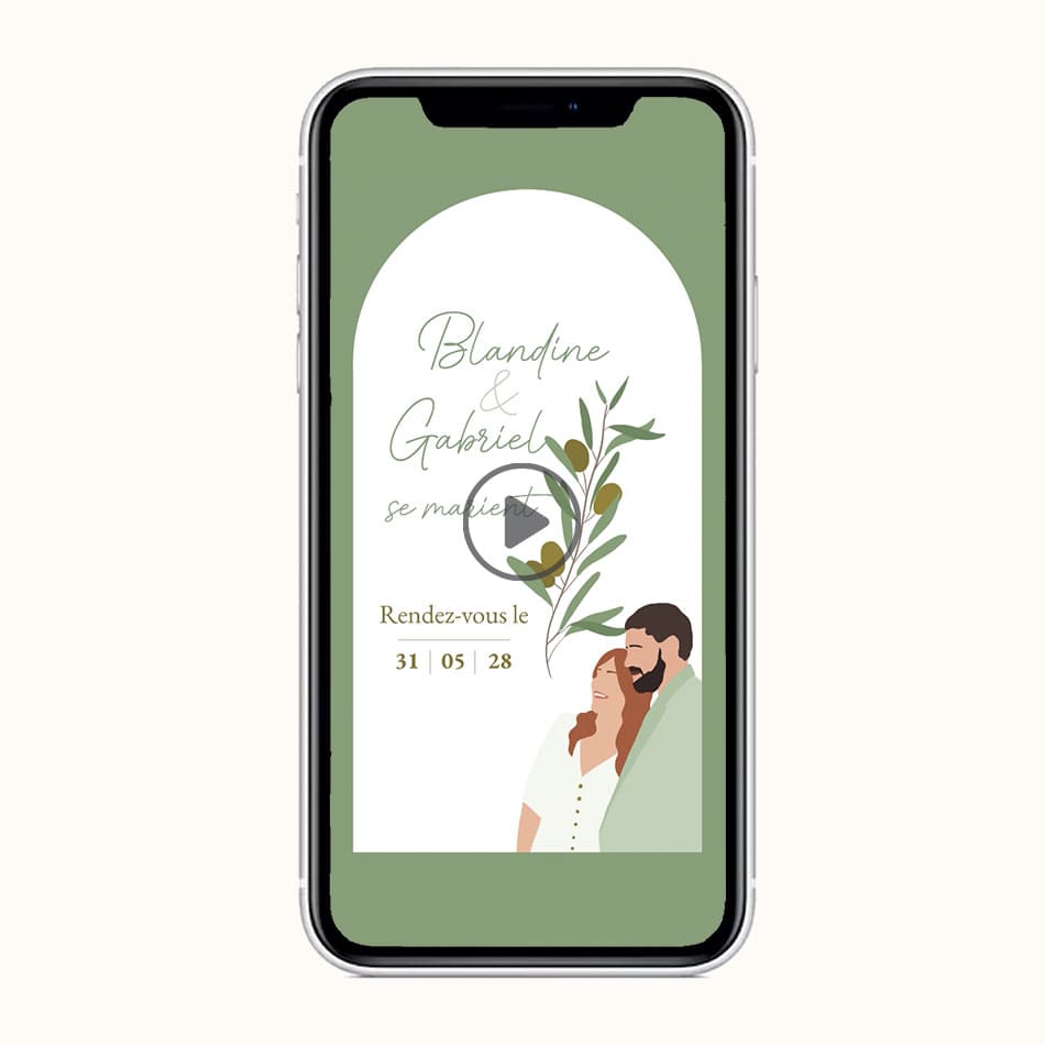 Aperçu de la vidéo save the date pour annoncer la bonne nouvelle de votre mariage avec un thème "sous l'olivier" avec illustration de votre couple