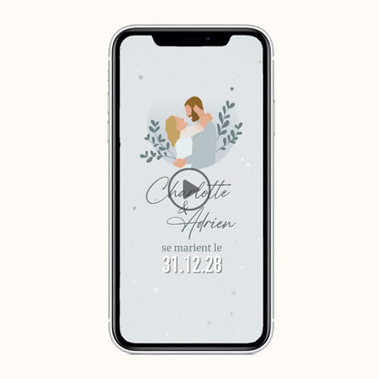 Save the date au format vidéo parfait pour un mariage d'hiver, avec illustration de votre couple