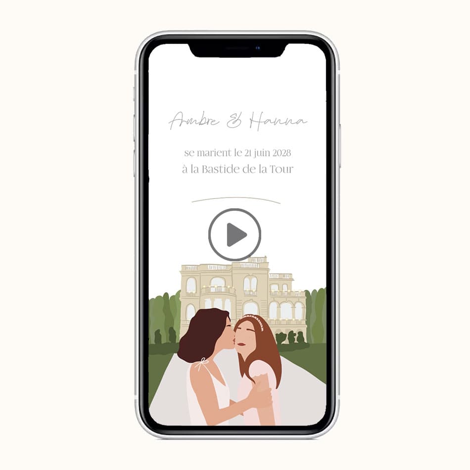 Visuel du save the date virtuel au format vidéo, thème Votre lieu illustré et votre couple