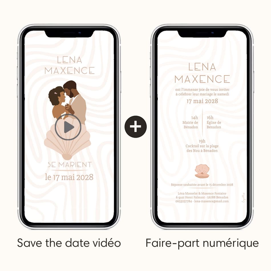 Save the date vidéo thème Seashell avec illustration de votre couple accompagné de l'option faire-part numérique assorti