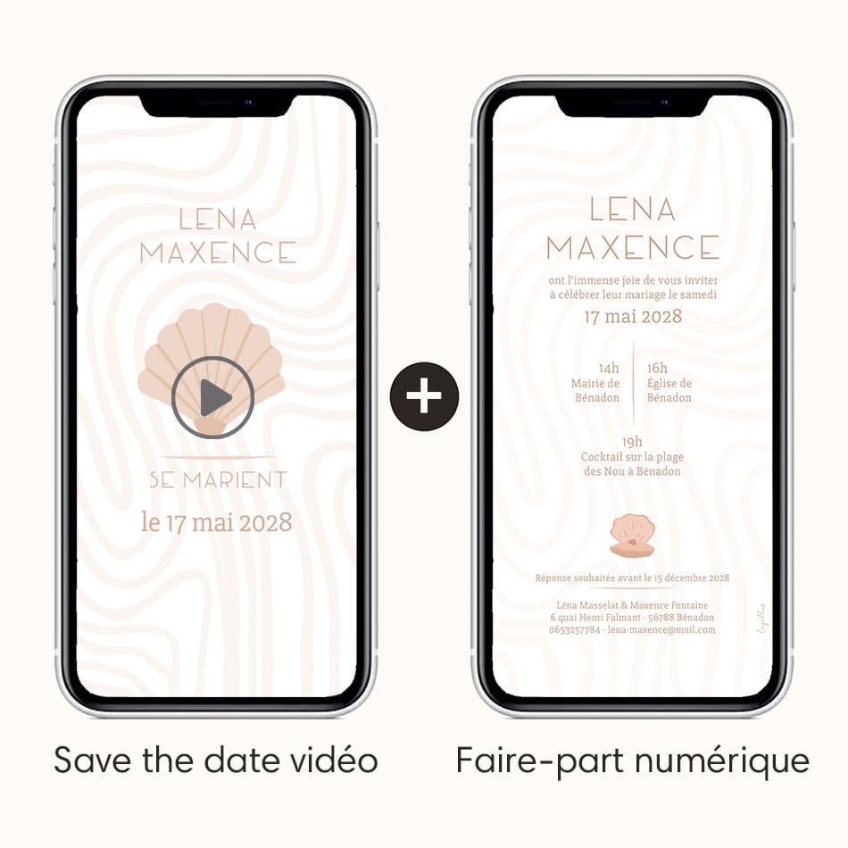 Save the date digital vidéo avec l'option faire-part numérique sur le même thème "Seashell"