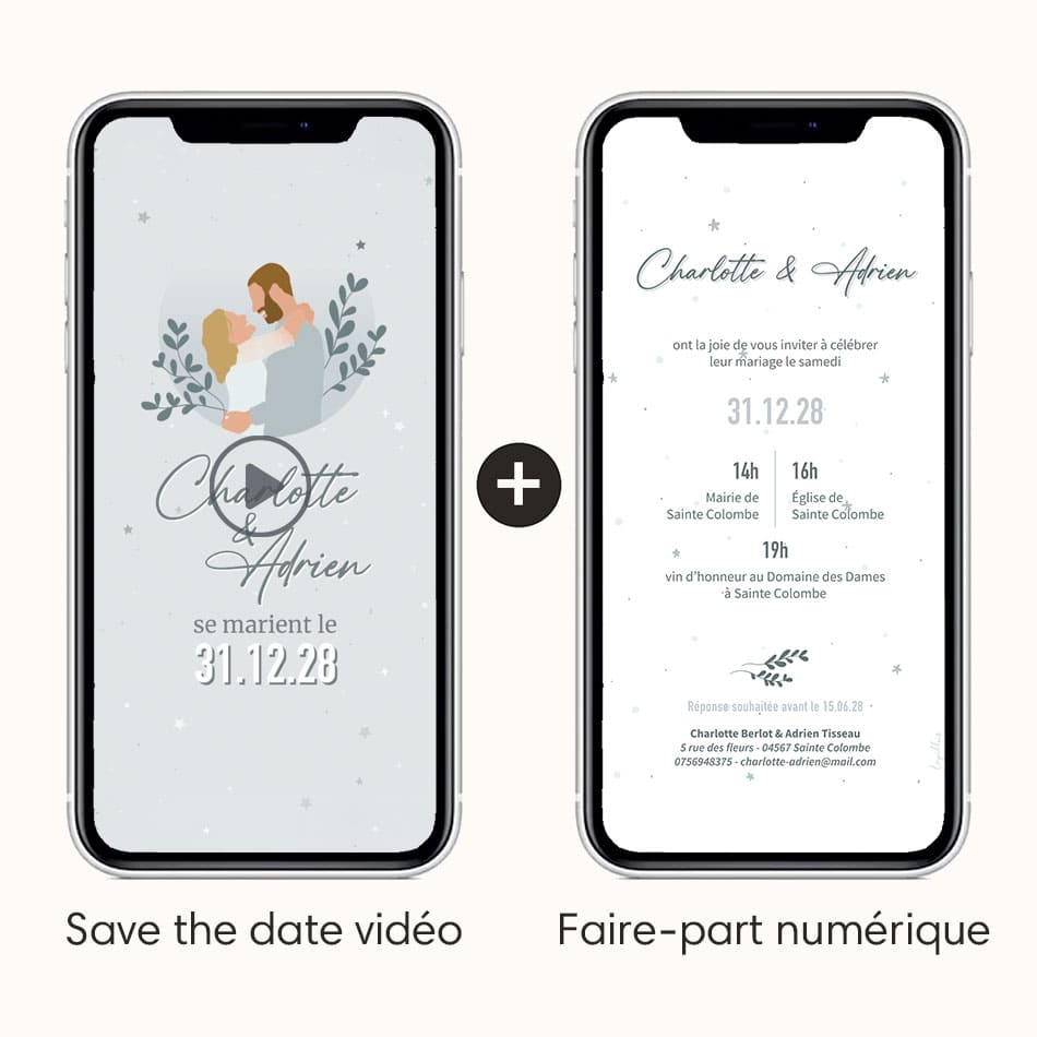 Vidéo save the date mariage thème hivernal avec illustration de votre couple et accompagnée de l'option faire-part numérique pour fournir plus de détails pour le jour J