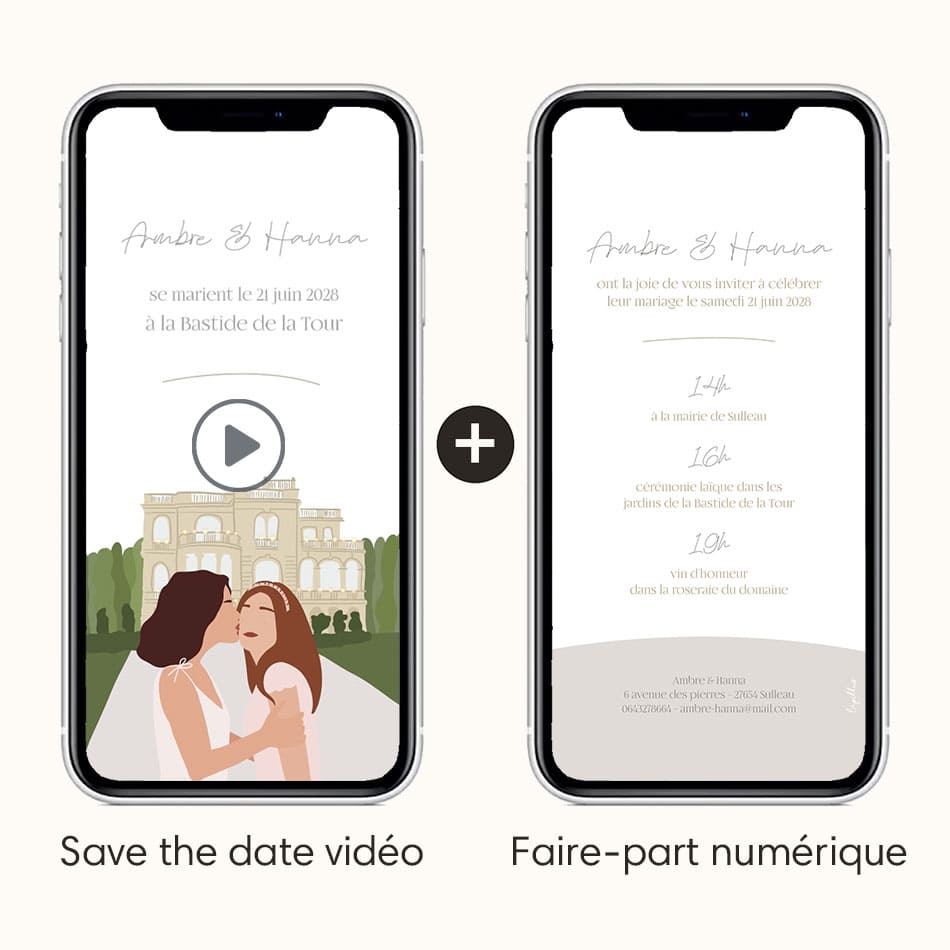 Save the date vidéo avec l'option faire-part numérique dans le thème de votre lieu de mariage illustré ainsi que votre couple