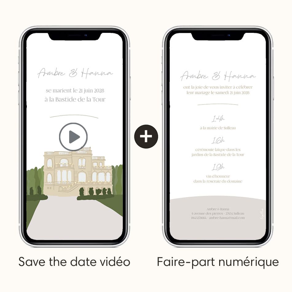 Save the date vidéo avec l'option faire-part numérique pour ajouter plus de détails pour le jour J. Thème de votre lieu d'union illustré