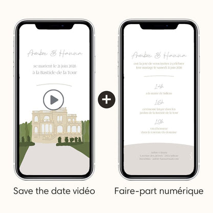Save the date vidéo avec l'option faire-part numérique pour ajouter plus de détails pour le jour J. Thème de votre lieu d'union illustré