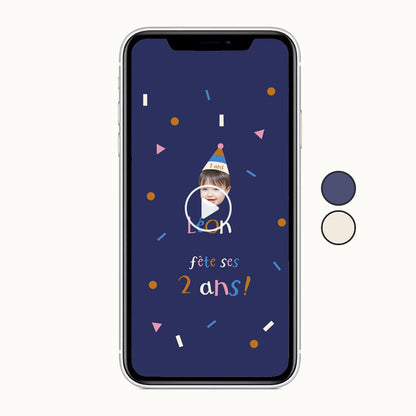 Visuel de l'invitation numérique anniversaire enfant en format vidéo sur le thème "Confettis en folie" couleur bleu nuit personnalisé avec la photo de votre enfant 