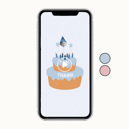 Visuel de l'invitation numérique anniversaire enfant en format vidéo sur le thème "Mon gâteau" couleur bleu personnalisé avec la photo de votre enfant 