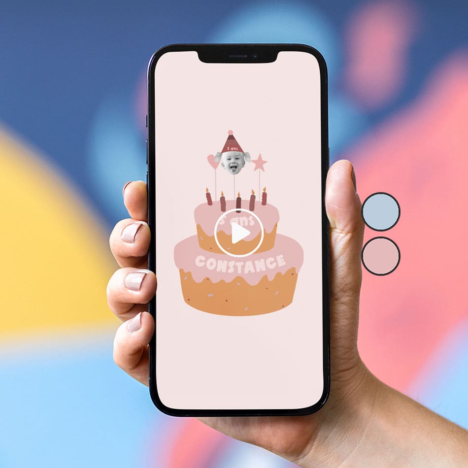 Aperçu de l'invitation vidéo thème mon gateau pour partager les infos importante pour le jour J, personnalisation totale grâce à la photo de votre enfant