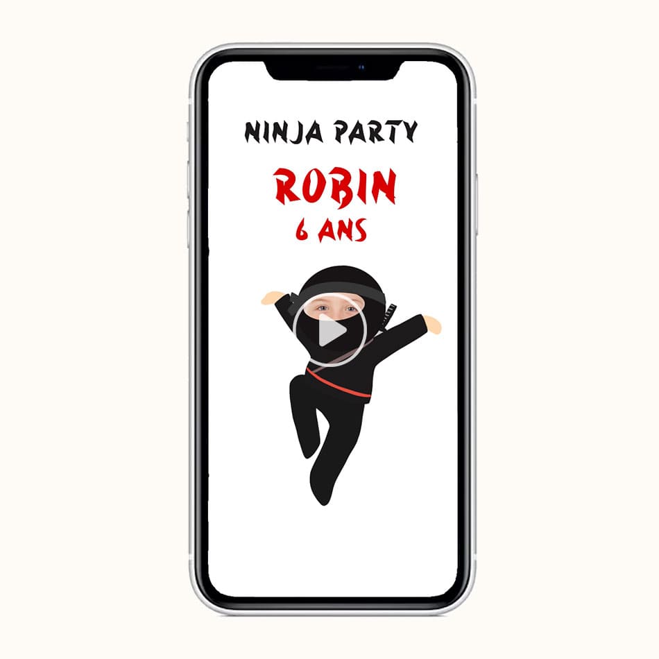 invitation digitale d'anniversaire thème ninja avec le visage de votre enfant en acteur principal