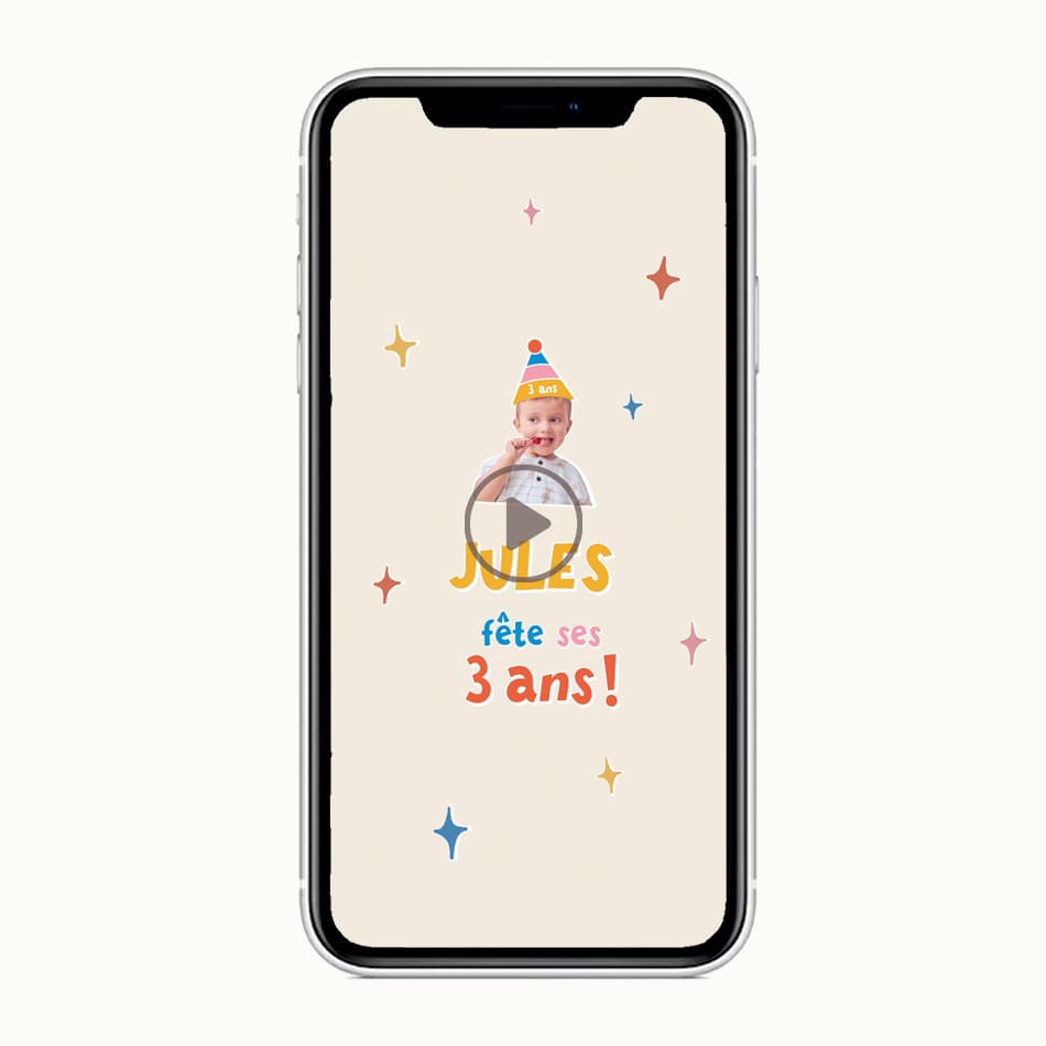 Aperçu de l'invitation digitale anniversaire thème Peps avec étoiles colorées. Personnalisation avec la photo de votre enfant