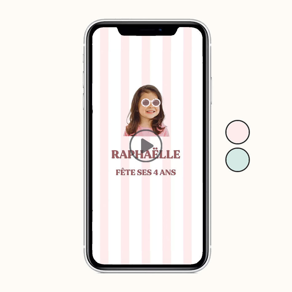 Visuel invitation virtuelle rayures rose avec photo enfant