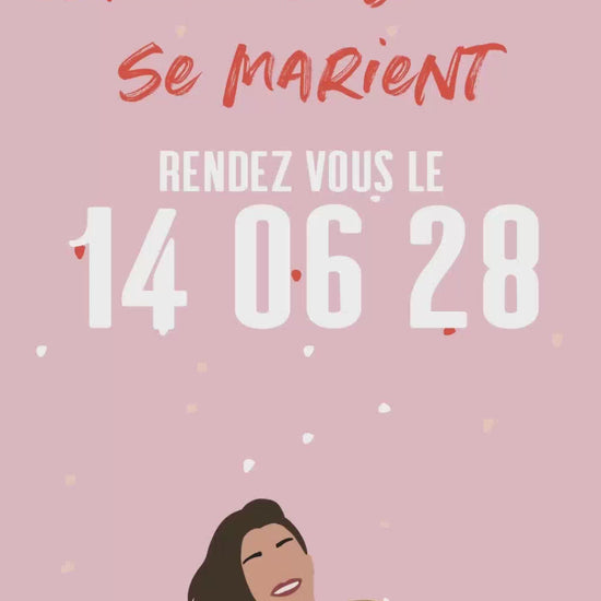 Vidéo de votre save the date sur le thème Let's party avec confettis tons rouge, avec illustration de votre couple