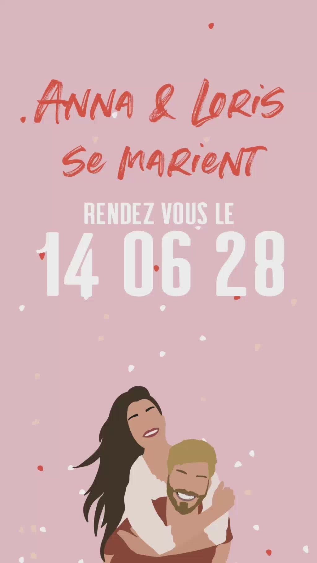 Vidéo de votre save the date sur le thème Let's party avec confettis tons rouge, avec illustration de votre couple