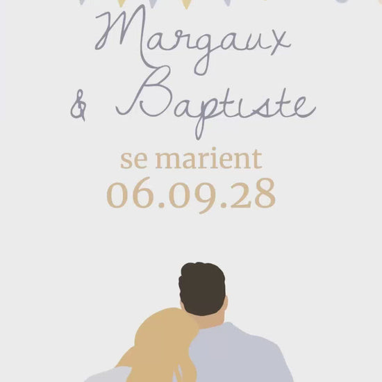 Vidéo de 22 secondes pour le save the date de votre mariage pour indiquer la date le lieu de votre mariage avec illustration de votre couple. Thème de la guinguette avec lumignons et fanions couleur bleu orange clair