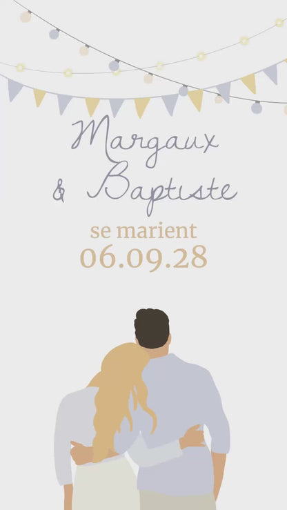 Vidéo de 22 secondes pour le save the date de votre mariage pour indiquer la date le lieu de votre mariage avec illustration de votre couple. Thème de la guinguette avec lumignons et fanions couleur bleu orange clair