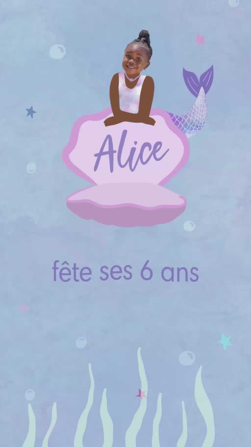 Vidéo de 30 secondes sur le thème de l'océan pour l'invitation d'anniversaire de votre enfant, vou spouvez voir la photo de votre enfant avec le corps d'une sirène