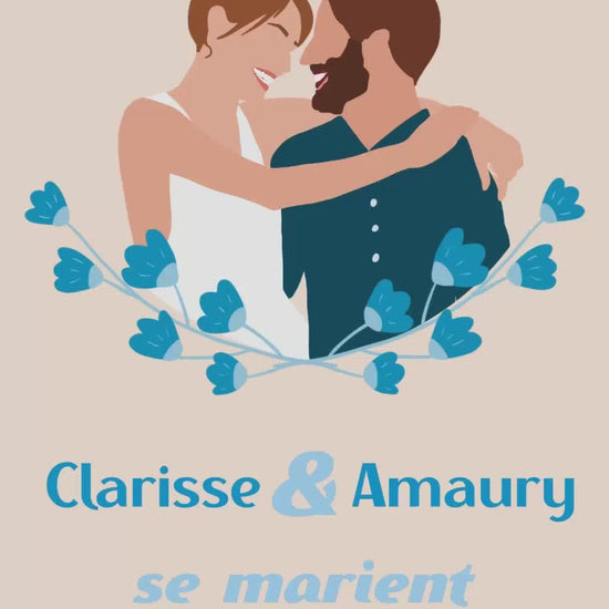 Vidéo save the date de 22 secondes pour annoncer de façon originale votre mariage champêtre thème mariés en fleurs coloris bleu avec illustration de votre couple