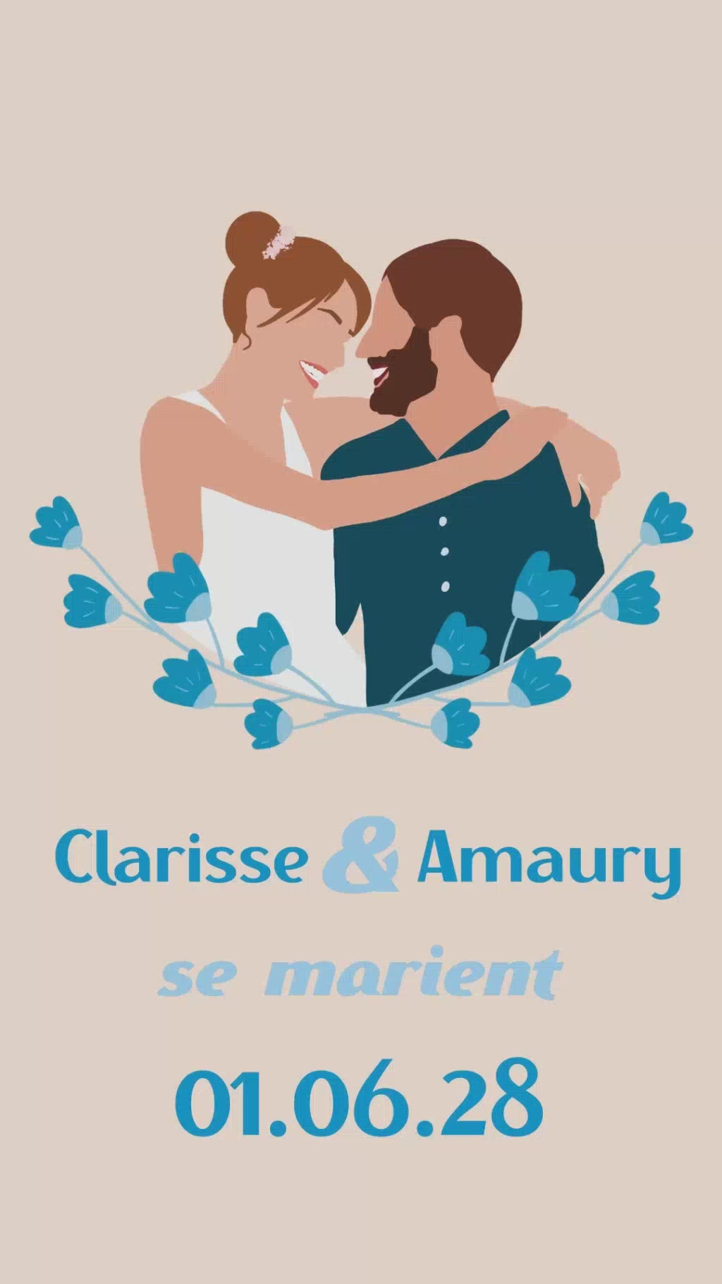 Vidéo save the date de 22 secondes pour annoncer de façon originale votre mariage champêtre thème mariés en fleurs coloris bleu avec illustration de votre couple