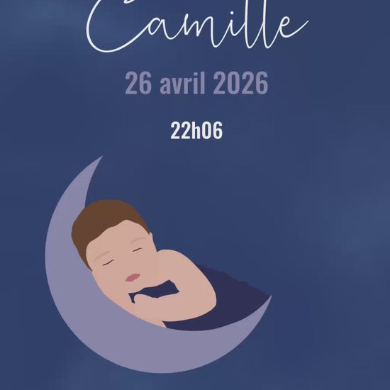 Vidéo de 32 secondes pour annoncer l'arrivée de votre enfant sur le thème Céleste couleur bleu avec illustration de votre bébé