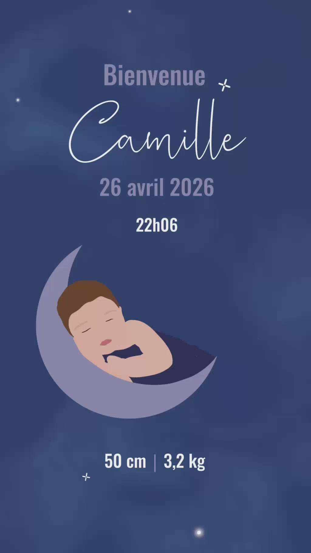 Vidéo de 32 secondes pour annoncer l'arrivée de votre enfant sur le thème Céleste couleur bleu avec illustration de votre bébé