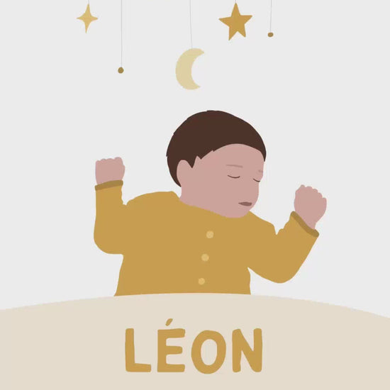 Faire-part vidéo de 32 secondes sur le thème "mobile musical" pour annoncer la grande nouvelle, coloris jaune avec illustration de votre bébé