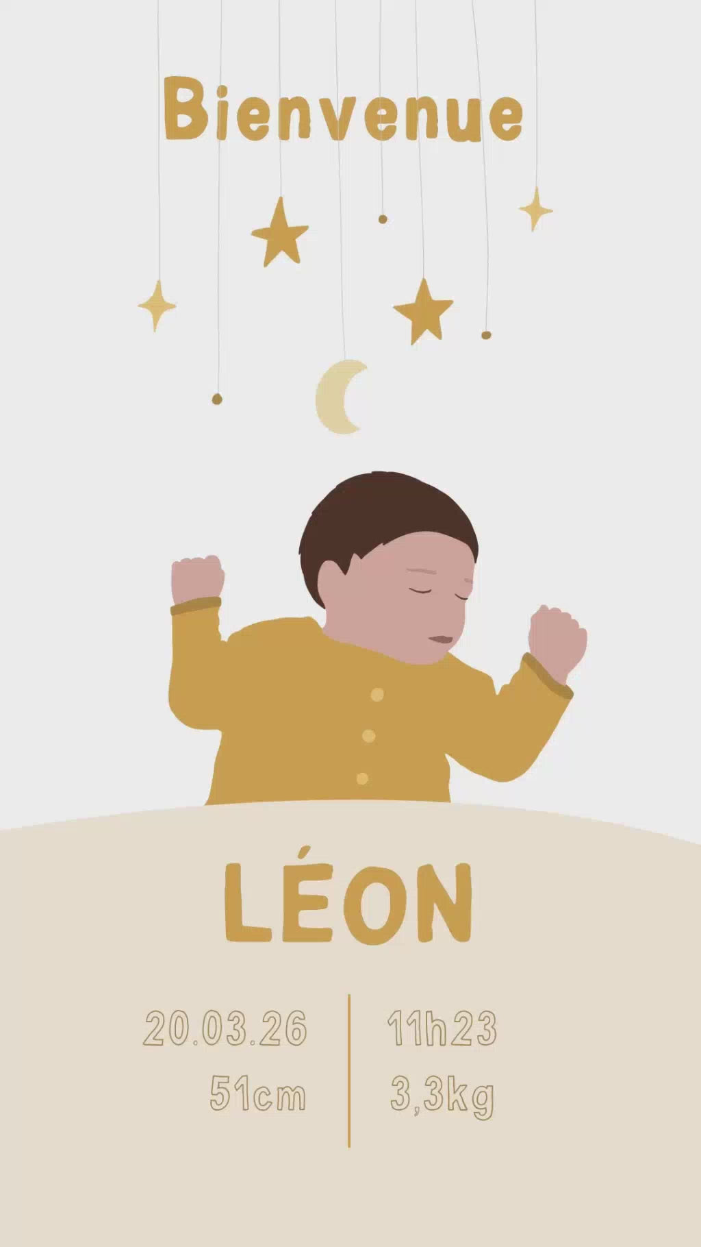 Faire-part vidéo de 32 secondes sur le thème "mobile musical" pour annoncer la grande nouvelle, coloris jaune avec illustration de votre bébé