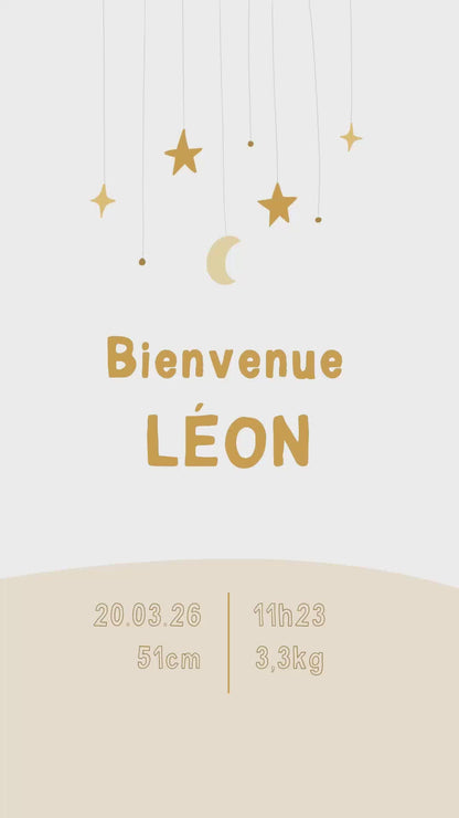 Faire-part animé de 32 secondes, façon originale pour annoncer l'arrivée de votre bébé, thème Mobile musical avec couleur jaune