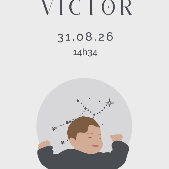 Save the date vidéo de 32 secondes pour annoncer avec originalité l'arrivée de votre bébé sur le thème " Astro " avec illustration de votre bébé - signe : vierge