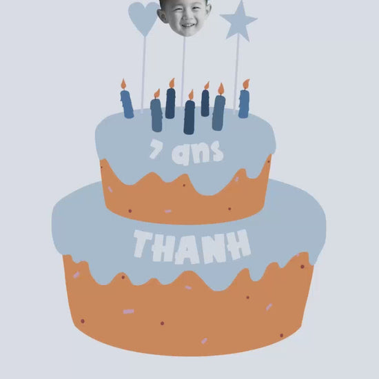 Vidéo de 30 secondes pour invitation anniversaire enfant en format vidéo sur le thème "Mon gâteau" couleur bleu personnalisée avec la photo de votre enfant 