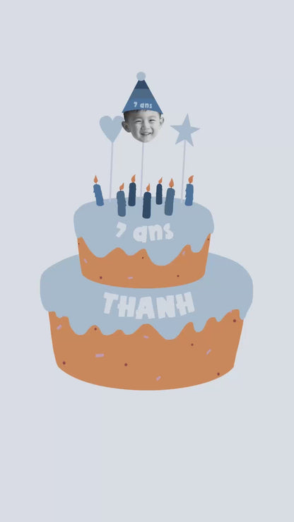 Vidéo de 30 secondes pour invitation anniversaire enfant en format vidéo sur le thème "Mon gâteau" couleur bleu personnalisée avec la photo de votre enfant 