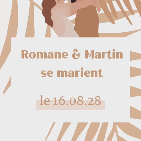 Vidéo save the date de 22 secondes pour annoncer de façon écologique et originale les infos principales de votre union. Thème tropical avec illustration de votre couple