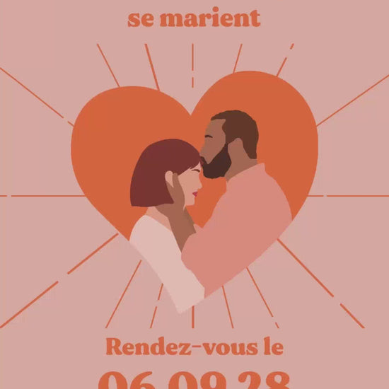 Vidéo de 22 secondes pour le save the date mariage thème coeur couleur orange avec illustration de votre couple au centre