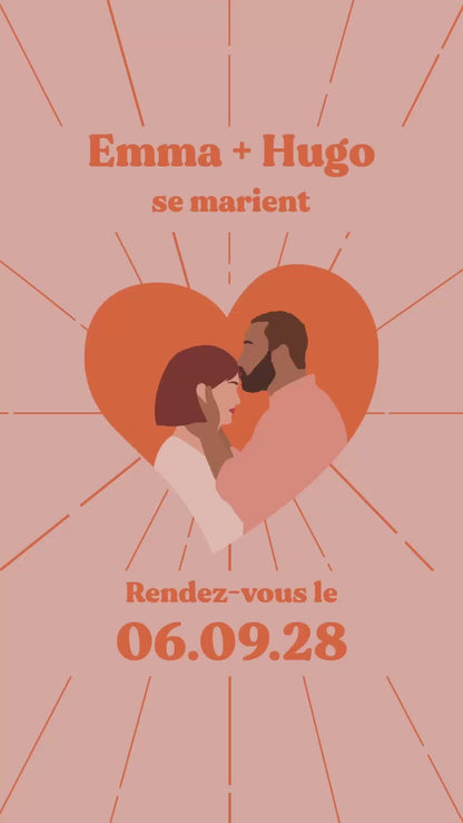 Vidéo de 22 secondes pour le save the date mariage thème coeur couleur orange avec illustration de votre couple au centre