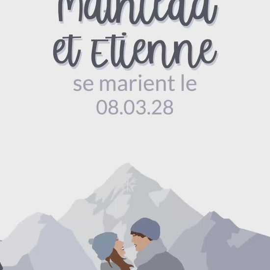 Save the date digital en format vidéo de 22 secondes pour annoncer la date de votre mariage sur le thème de la montagne en hiver avec illustration de votre couple