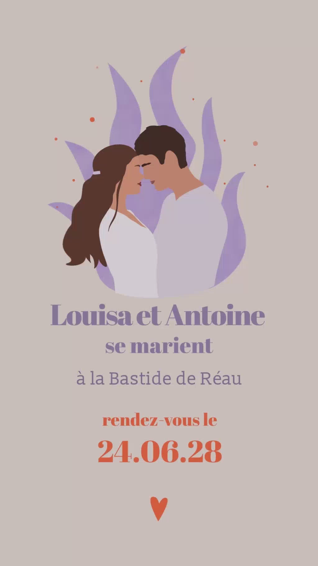 Vidéo de 22 secondes save the date animé sur le thème tout feu tout flamme, dynamique et passionnelle avec illustration de votre couple